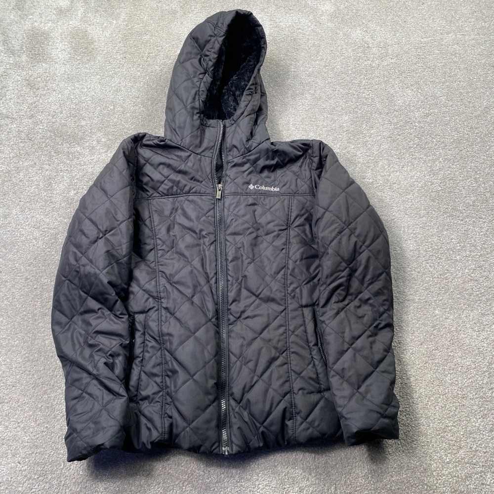 Columbia Quilted Puffer Jacket Womens Medium Black Hooded Fleece Lined Zip Up